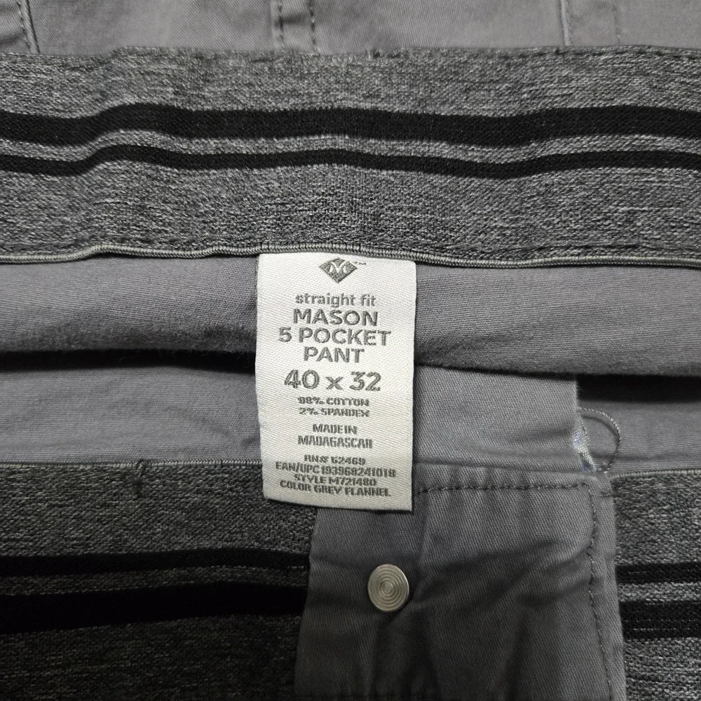 Member's Mark Pants Mens 40x32 Gray Mason 5 Pocket Straight Fit Stretch Chino